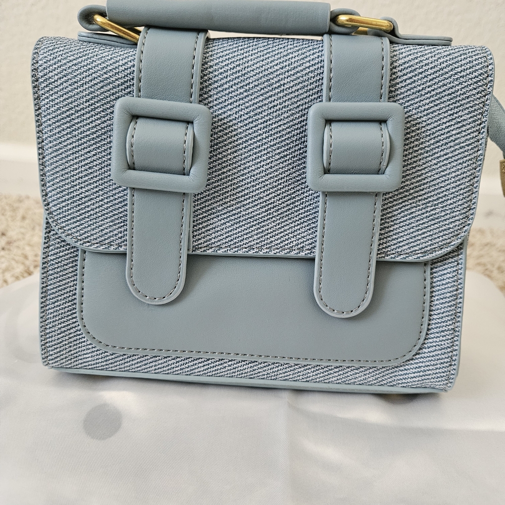 Chic Blue Mini Bag with Textured Leather and Brass Details